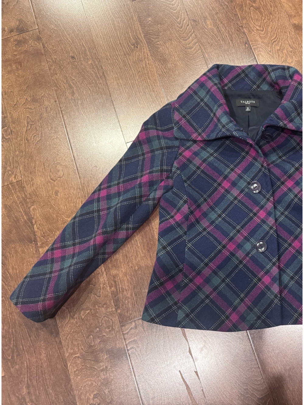 Talbots 90 % Wool Plaid Coat in Navy, Plum and Forest Green